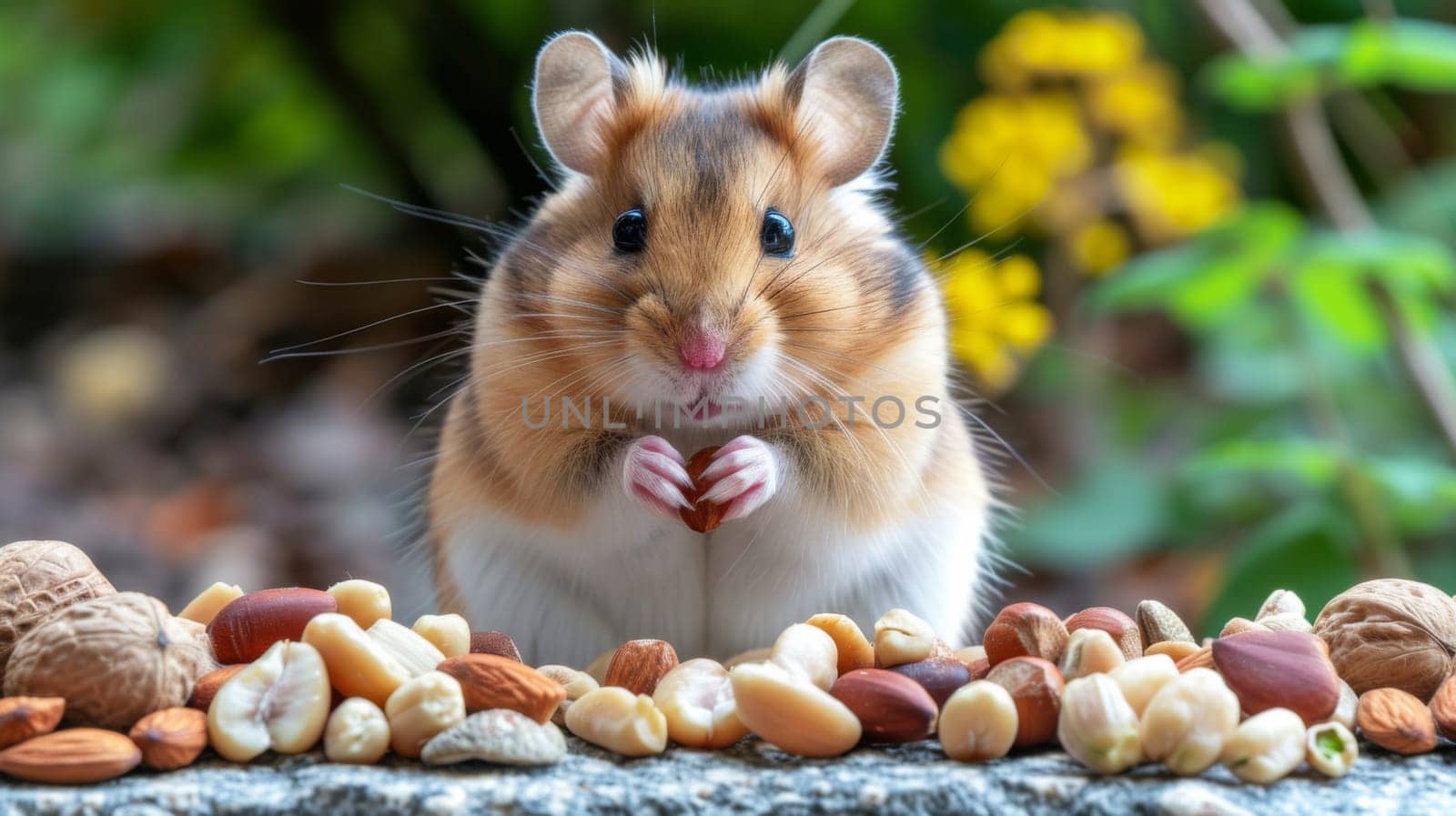 A hamster eating nuts and seeds in a garden setting