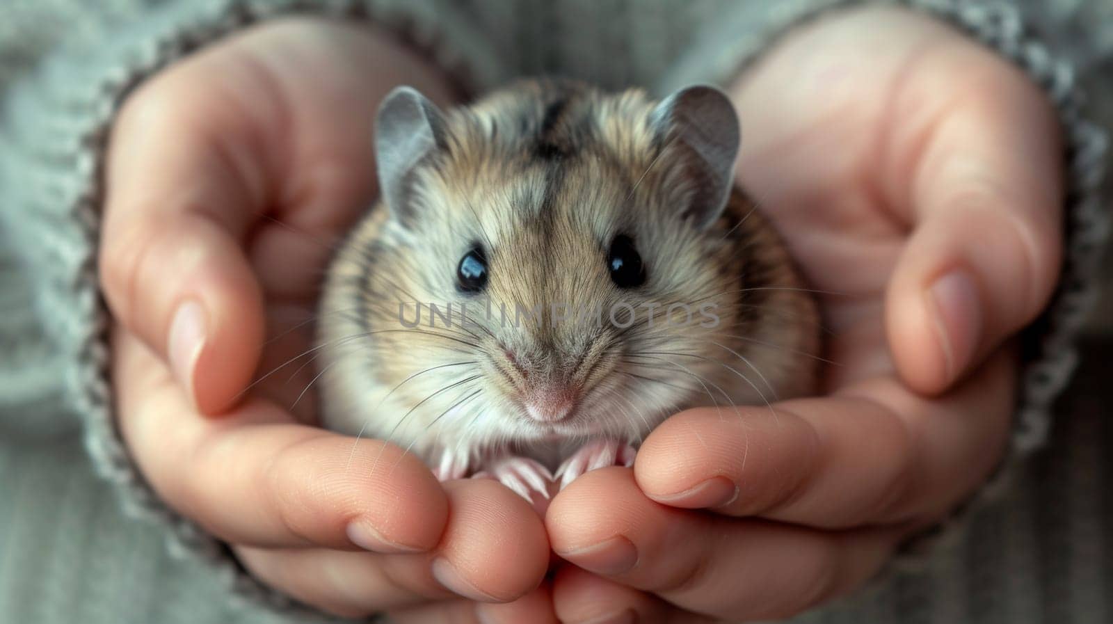 A person holding a small mouse in their hands