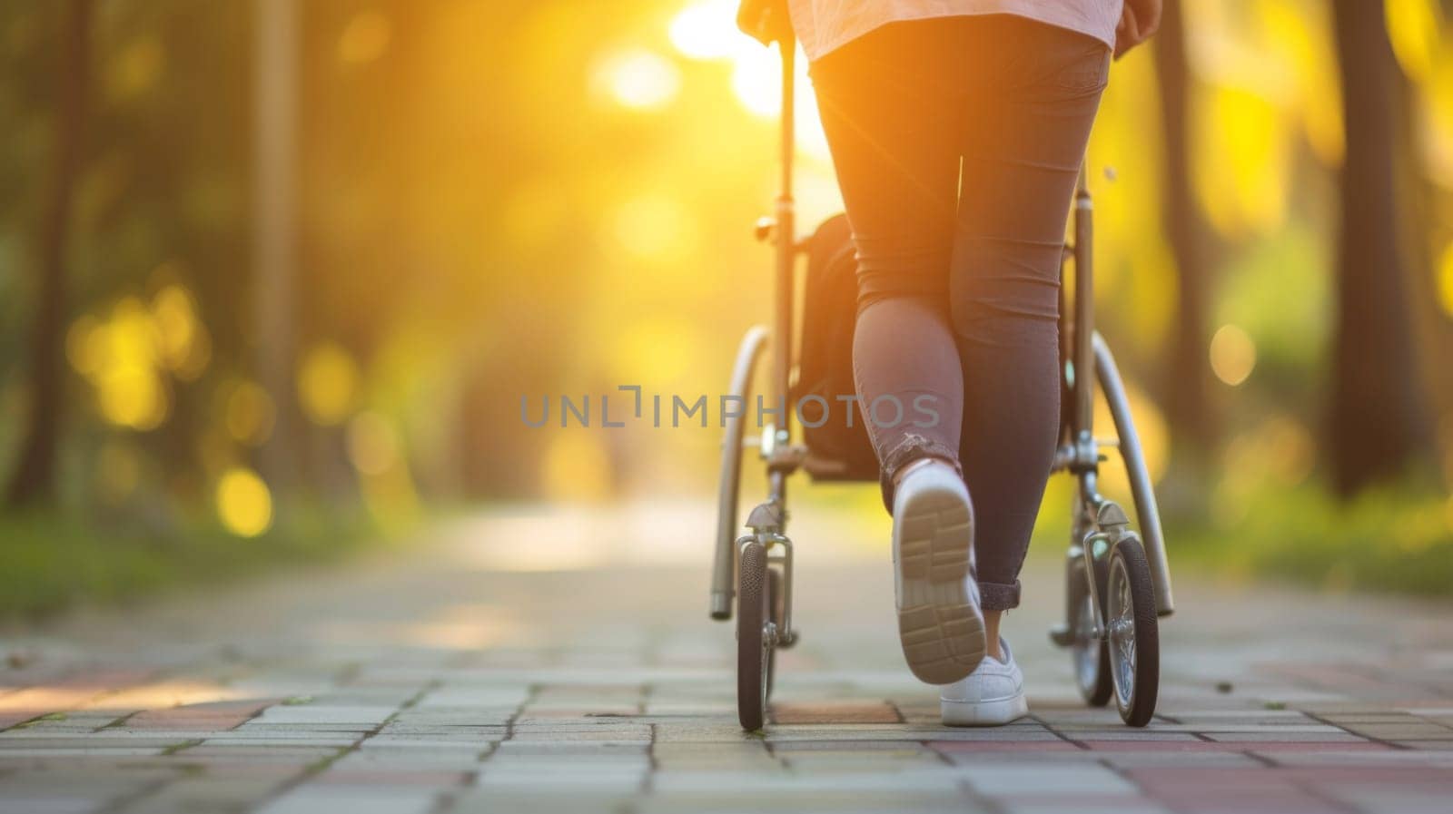 A woman walking with a stroller down the sidewalk