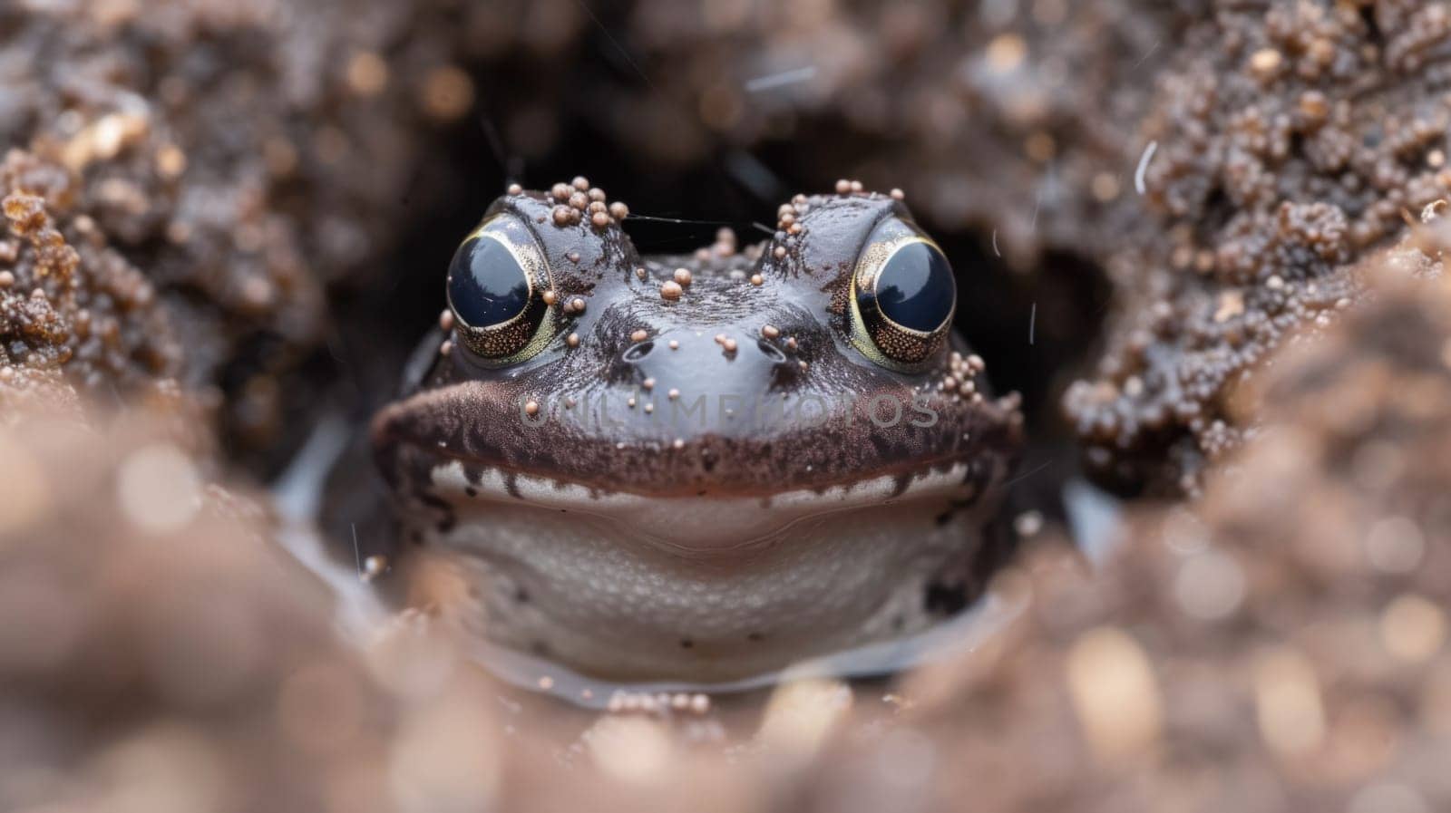 A frog peeking out of a hole in the ground