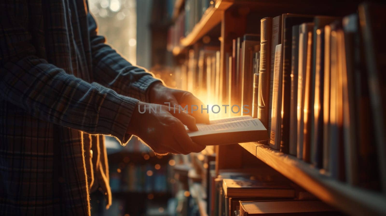 A person holding a book in their hand on top of bookshelf