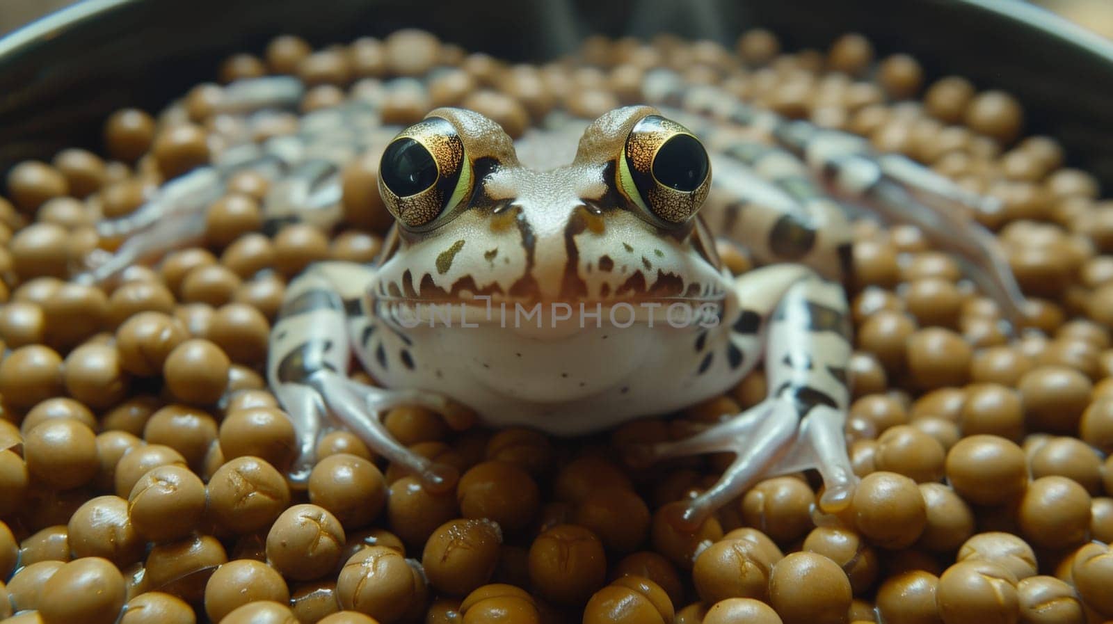 A frog sitting in a bowl of beans with its eyes open