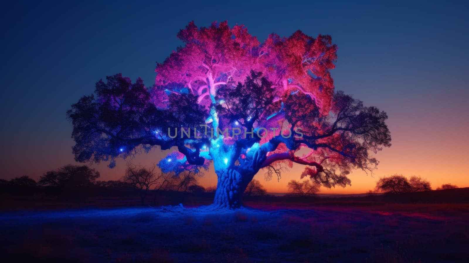 A tree with a colorful light show on it at night