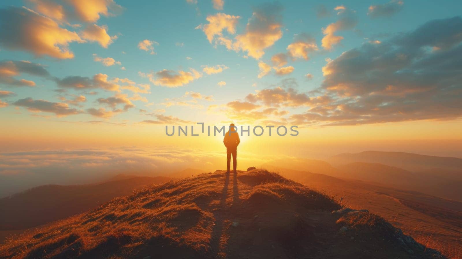 A person standing on top of a hill with the sun setting behind them