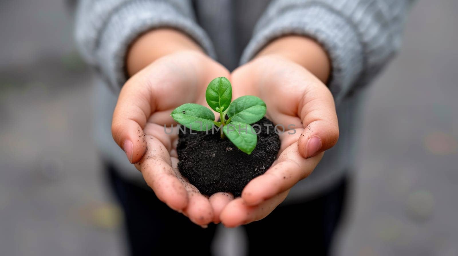 A person holding a small plant in their hands with dirt, AI by starush