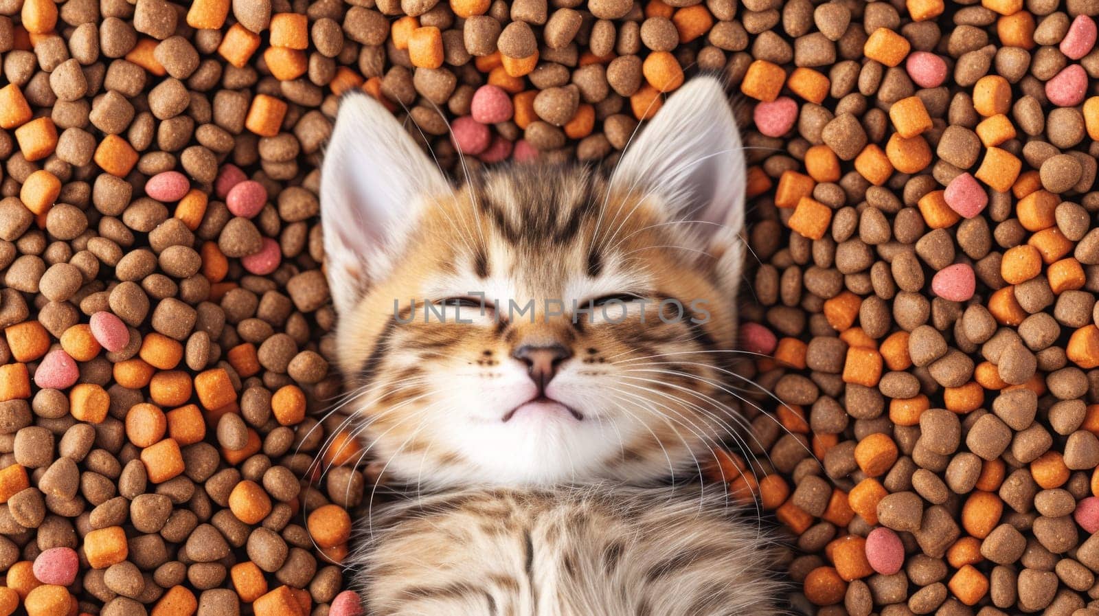 A kitten laying on a bed of food and water