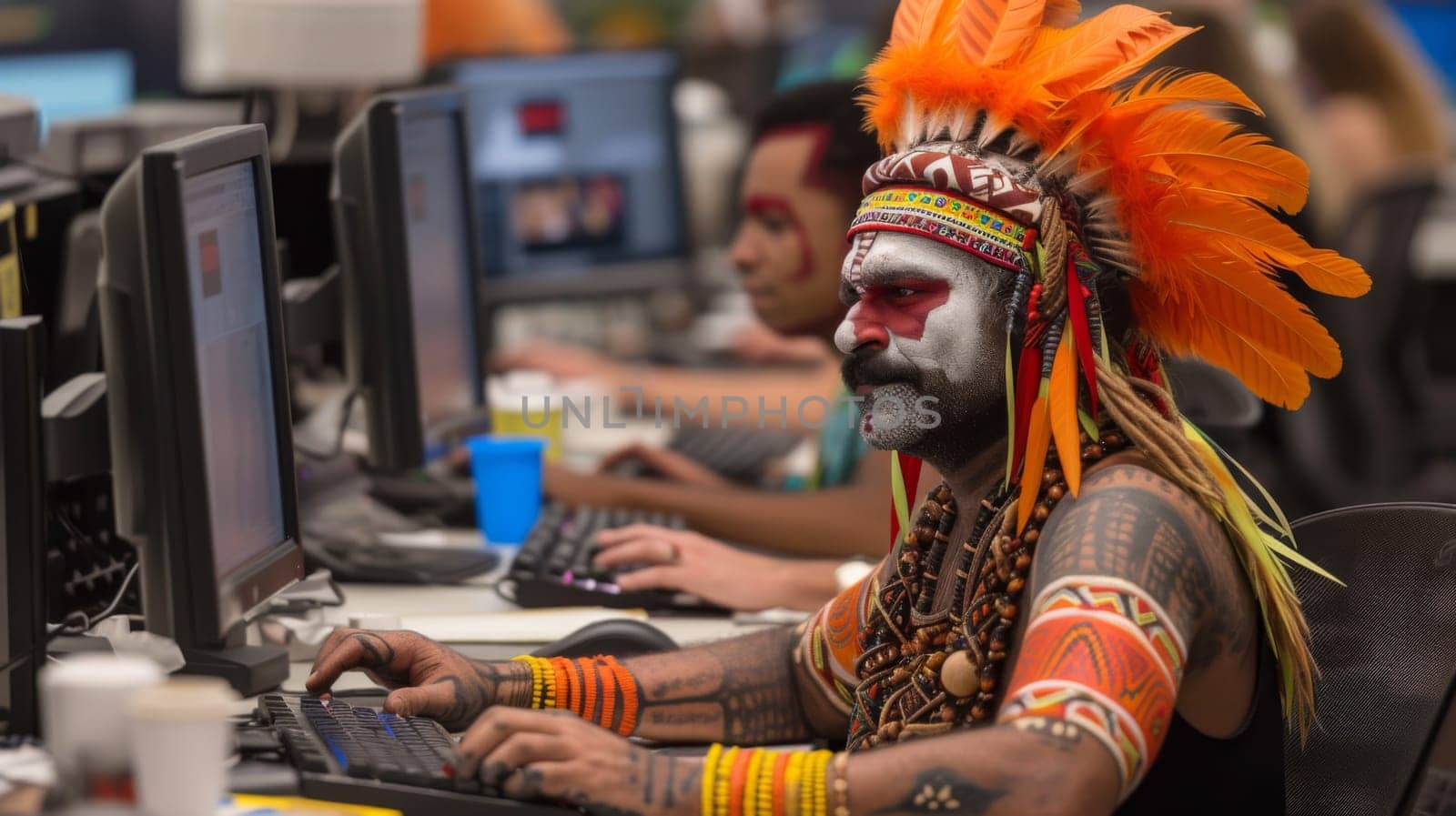 A man with a headdress and feathers on his face sitting at a computer, AI by starush