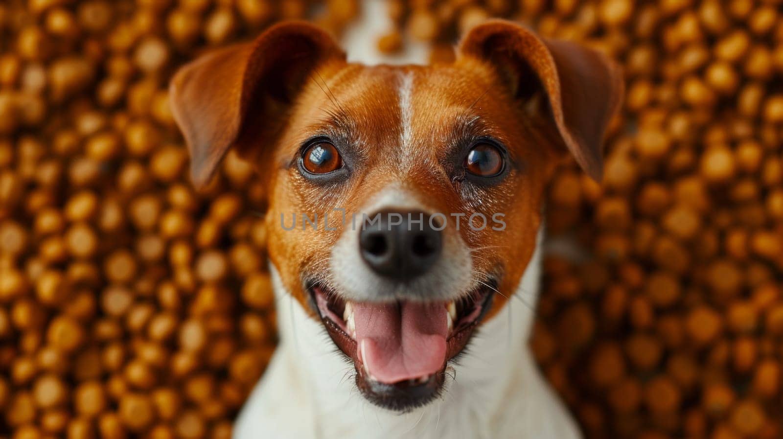 A dog is looking at the camera with a bowl of food in front