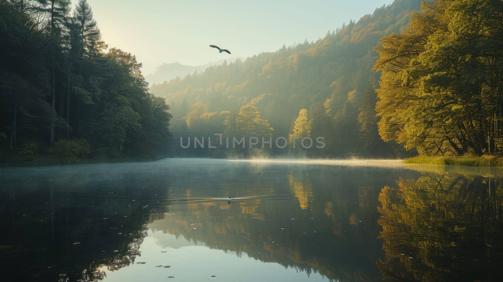 A lake with a bird flying over it and trees in the background, AI by starush