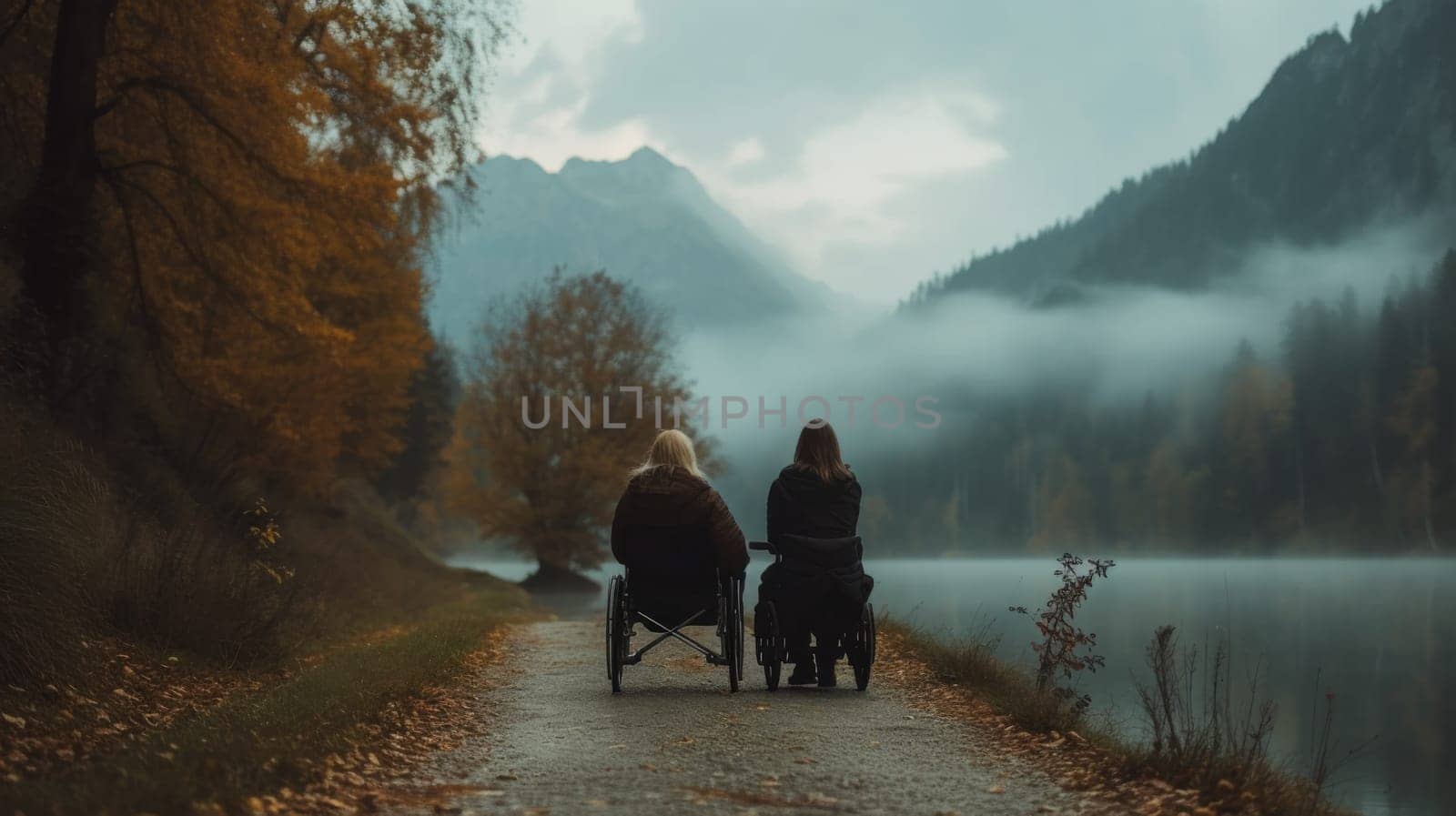 Two people in wheelchairs sitting on a path next to the water, AI by starush