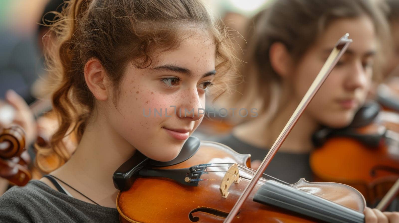 A girl playing violin in a group of other girls, AI by starush