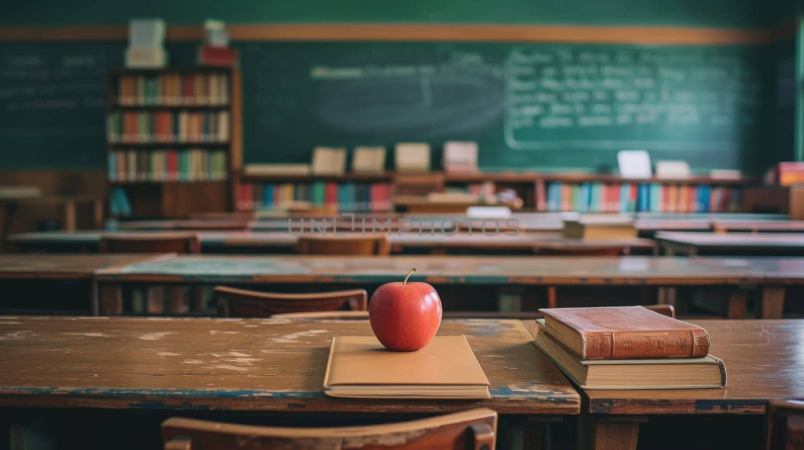 A classroom with a desk and books on it in the background, AI by starush