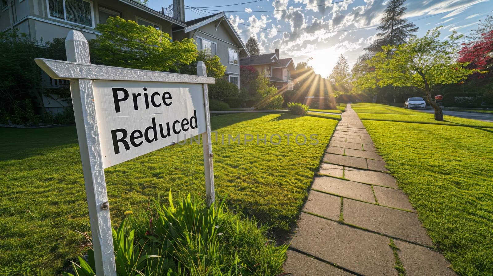 A white price reduced sign in front of a house