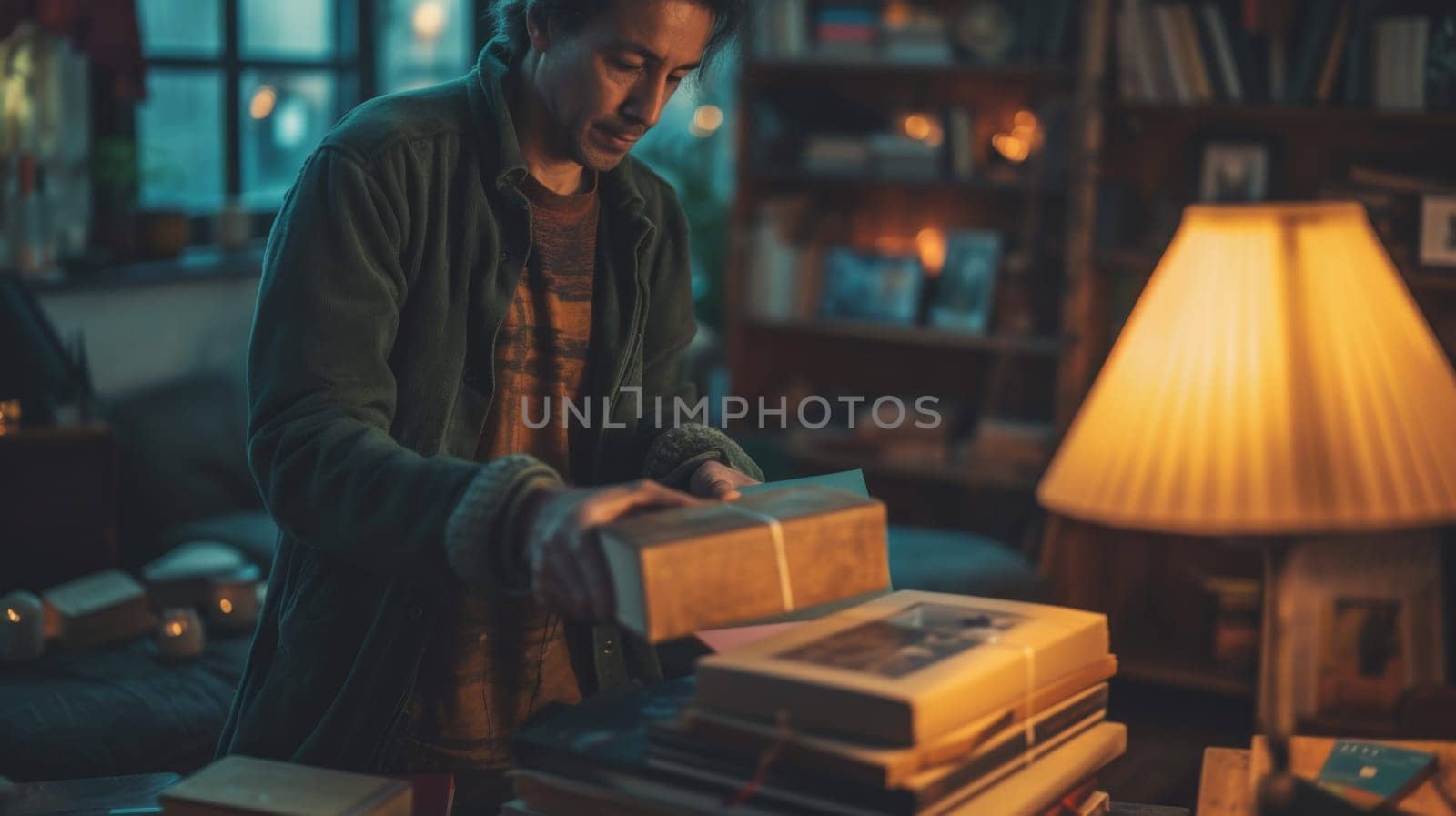 A man in a room with books and presents on the table