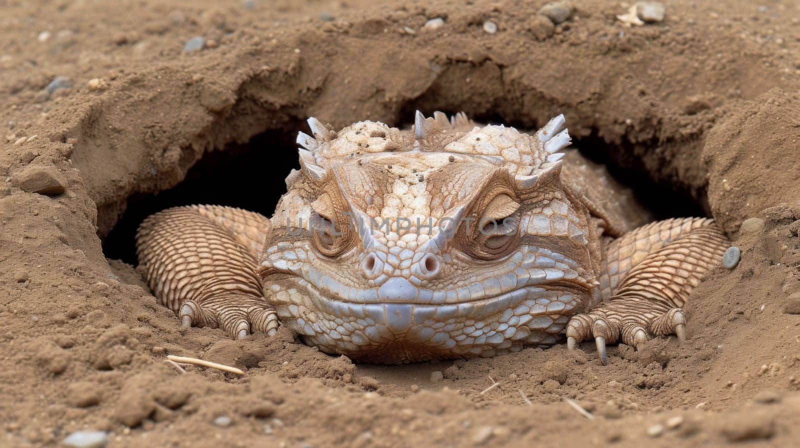 A lizard is sitting in a hole with its head sticking out