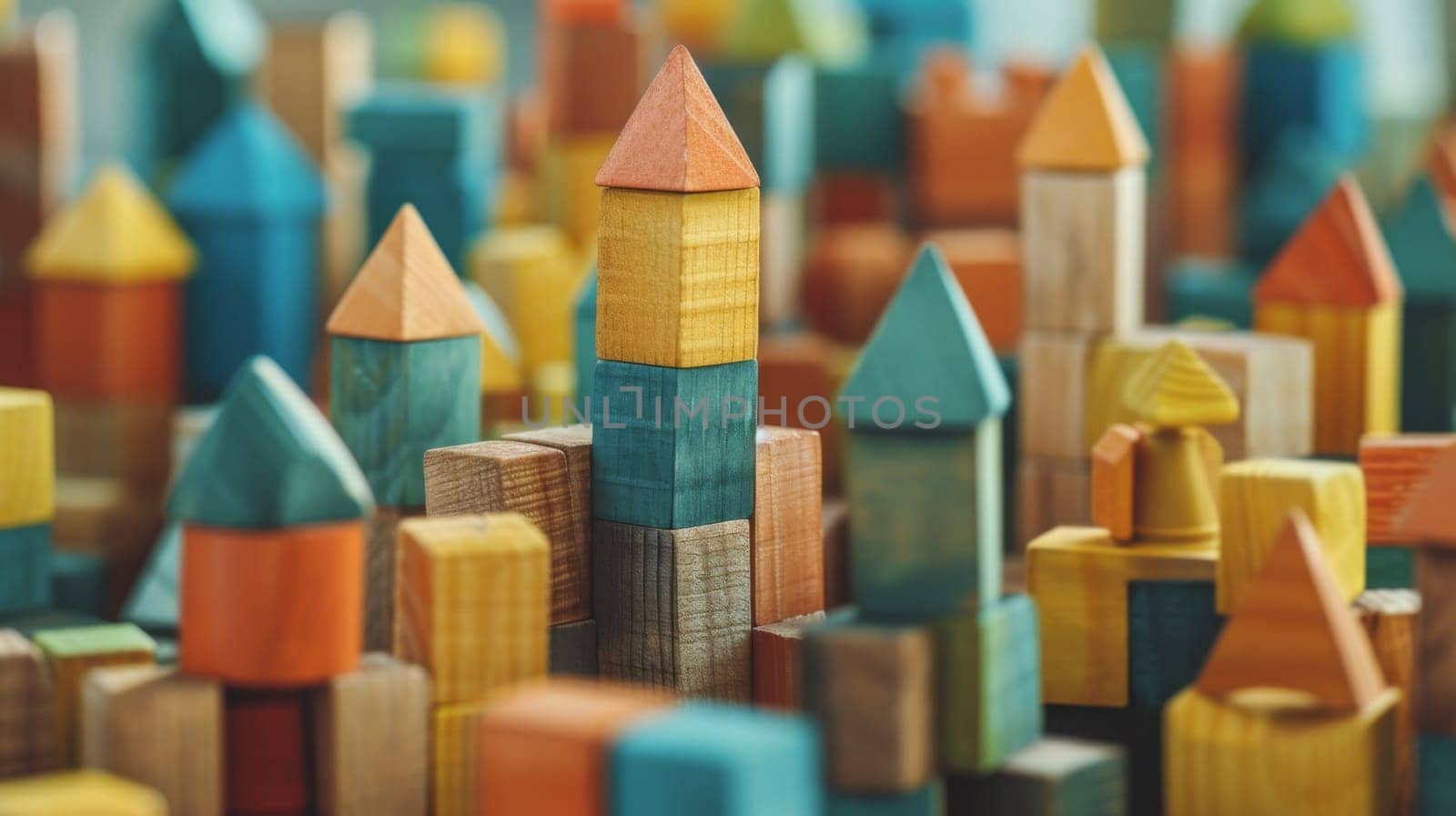 A close up of a bunch of colorful wooden blocks with different colored roofs, AI by starush