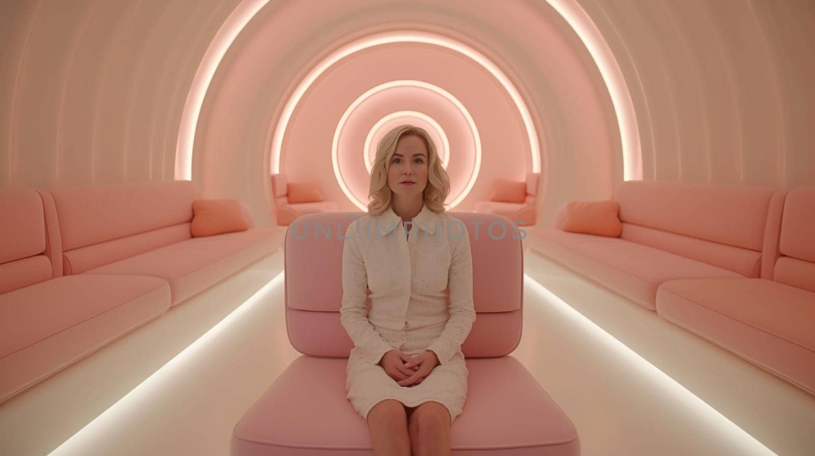 A woman sitting on a pink chair in an empty room, AI by starush