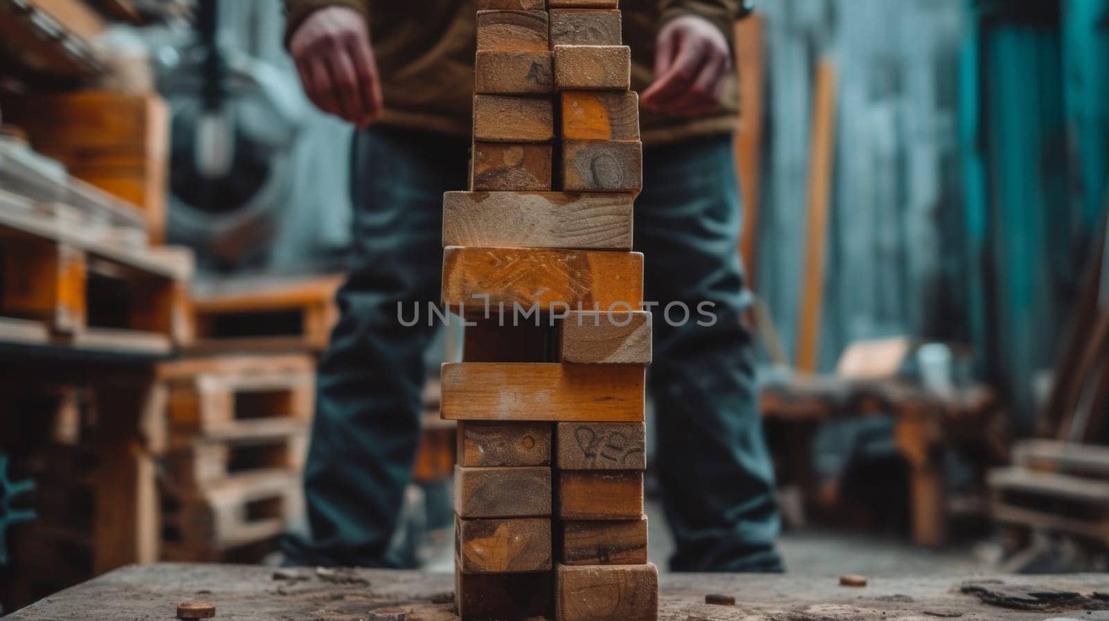 A person standing in front of a stack of wooden blocks