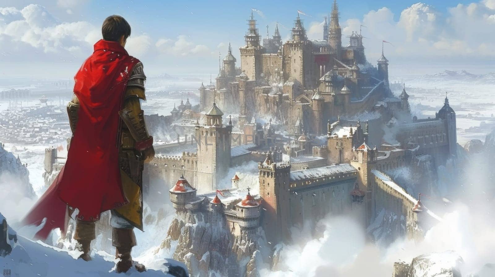 A man in red cloak standing on top of a mountain looking at castle, AI by starush