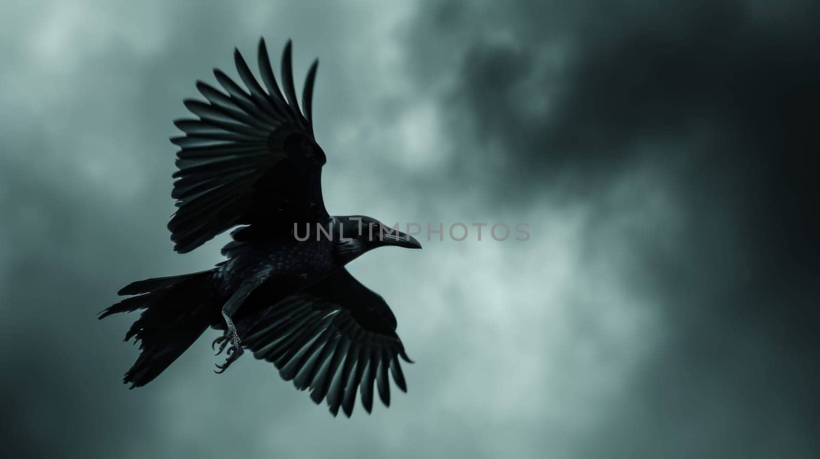 A large black bird flying in the sky with dark clouds