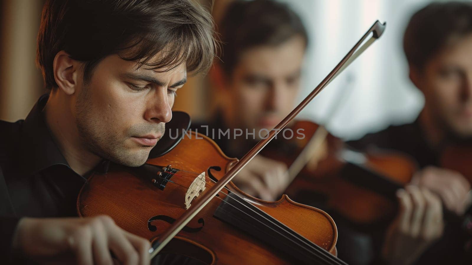 A man playing violin in a group of three men, AI by starush