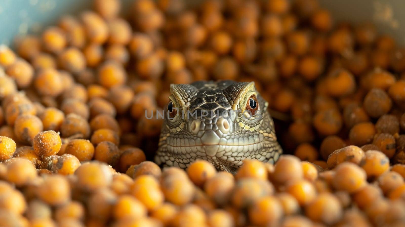 A lizard peeking out from behind a bunch of yellow balls, AI by starush