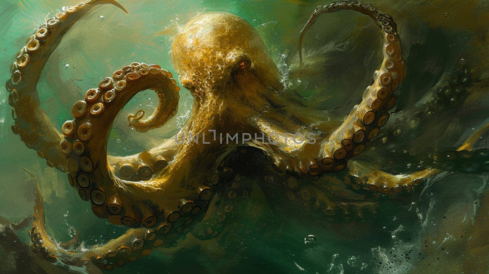 A large octopus swimming in the ocean with its tentacles out, AI by starush