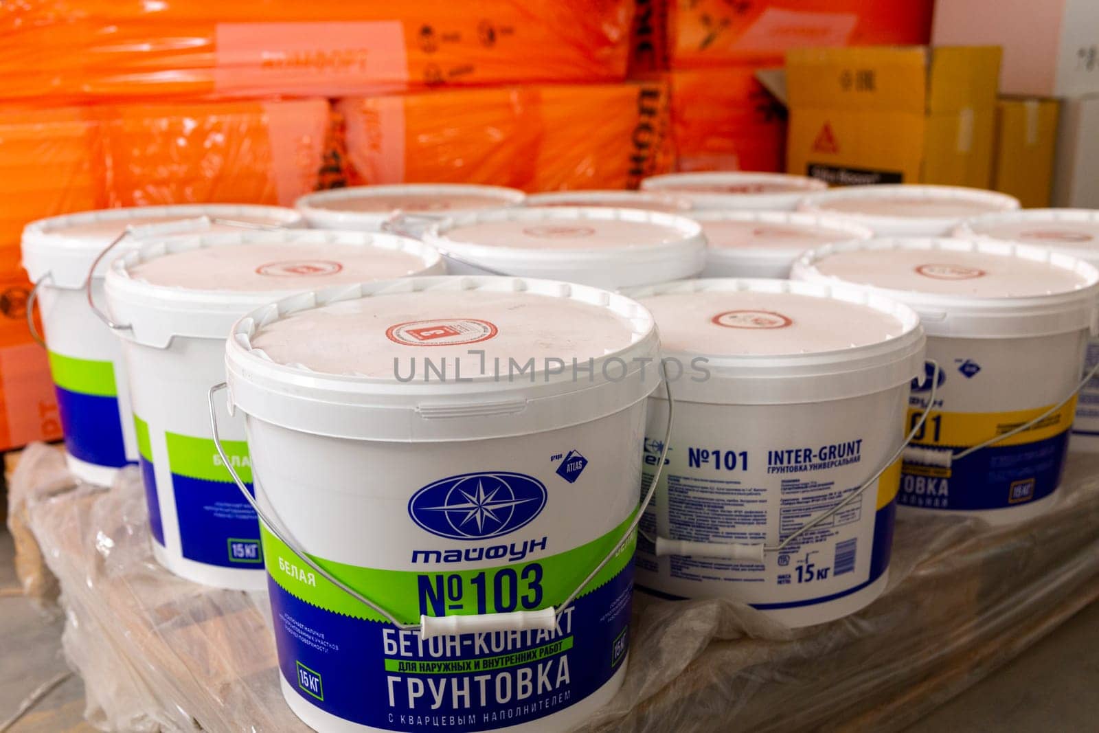 Grodno, Belarus - June 02, 2023: Palette with primers in the building materials store warehouse Sogrey-M