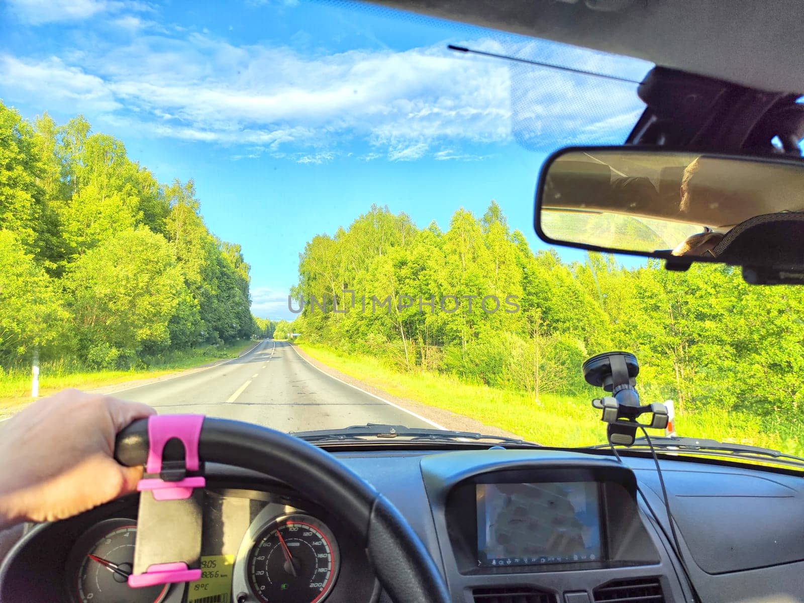 Car salon, windshield, hand of woman on steering wheel and landscape. View from seat of driver on nature with Road, trees, blue sky at a sunny day. Single trip of female traveler. Partial focus