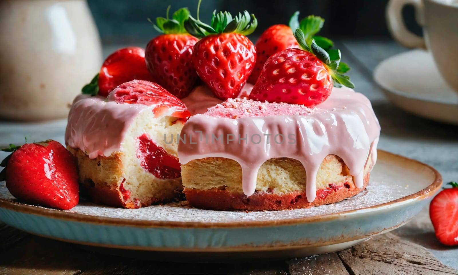 homemade strawberry cake on a plate. Selective focus. by yanadjana