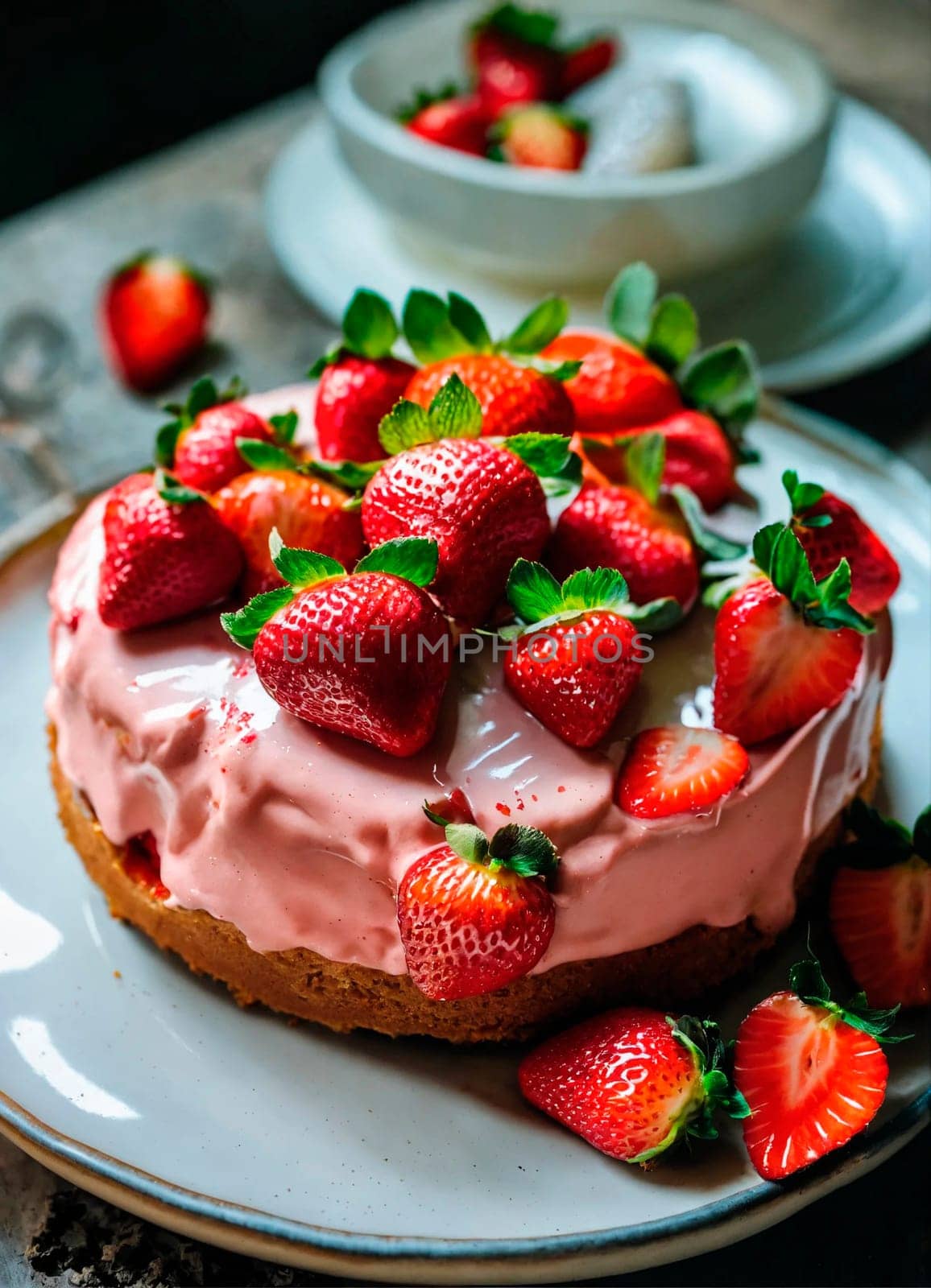 homemade strawberry cake on a plate. Selective focus. by yanadjana