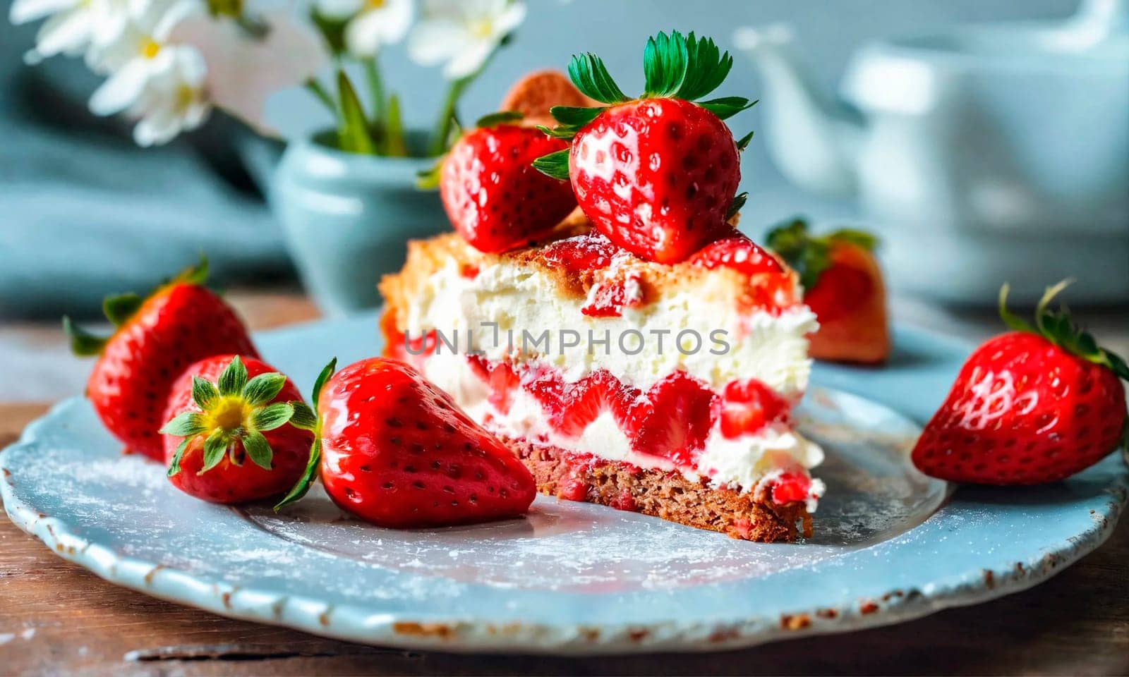 homemade strawberry cake on a plate. Selective focus. by yanadjana