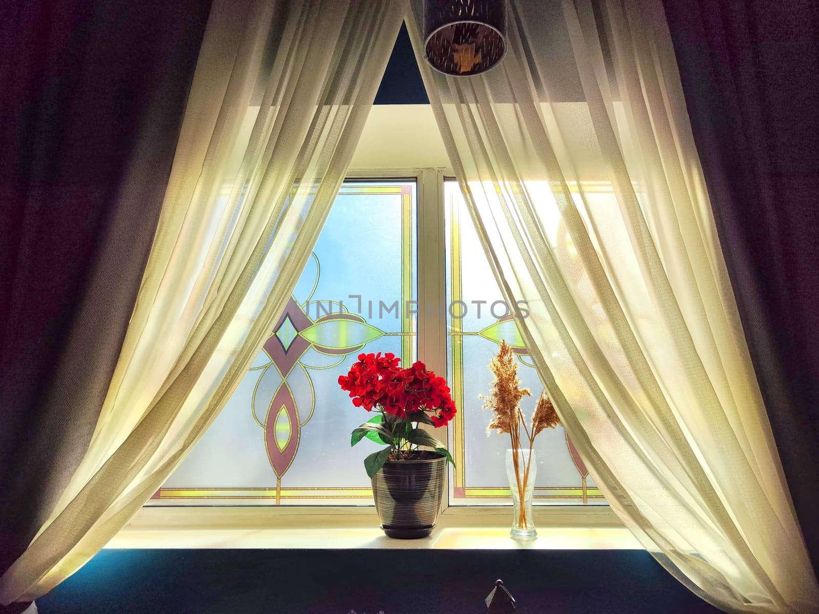 Curtains frame a sunlit window with vibrant red flowers on sill. Bright Morning Sunlight Through Window With Red Flowers. Background. Partial focus