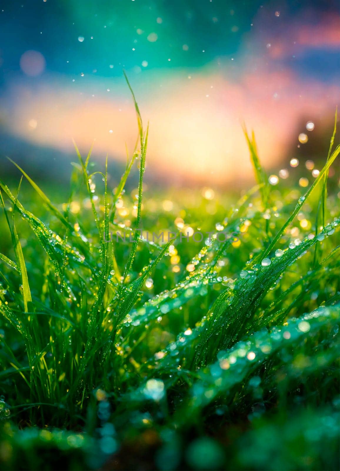 dew on the grass rays of the sun. Selective focus. by yanadjana