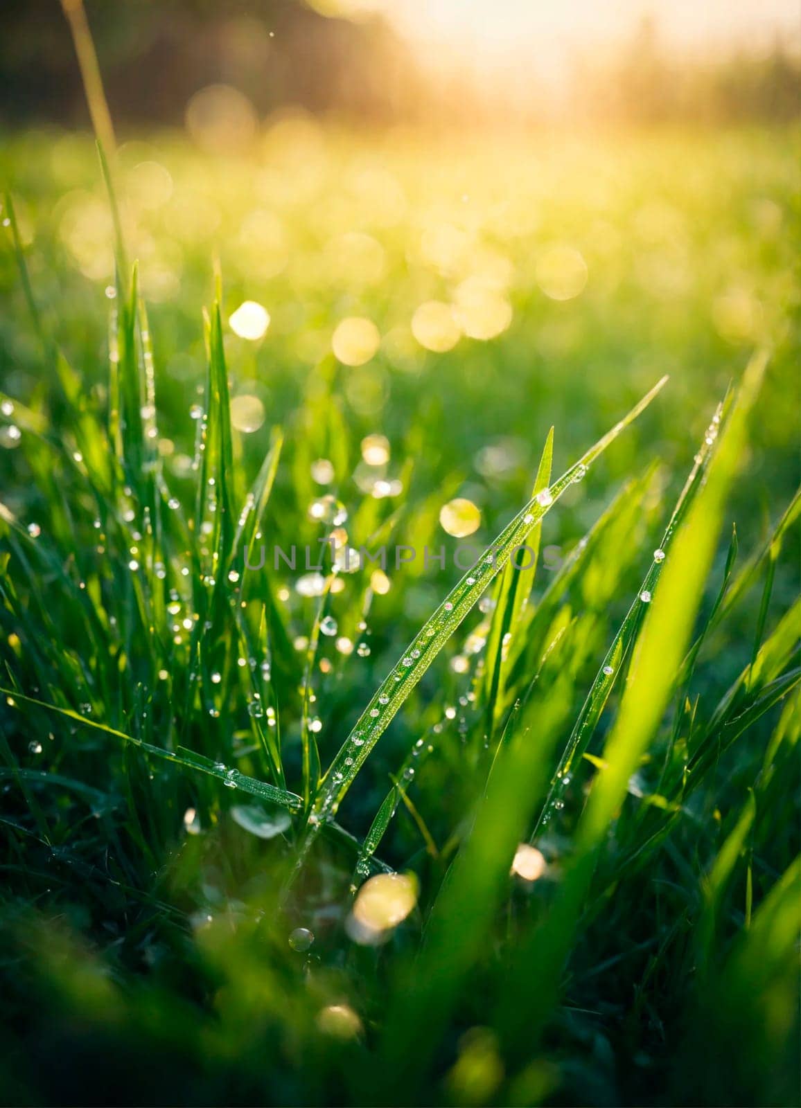 dew on the grass rays of the sun. Selective focus. by yanadjana