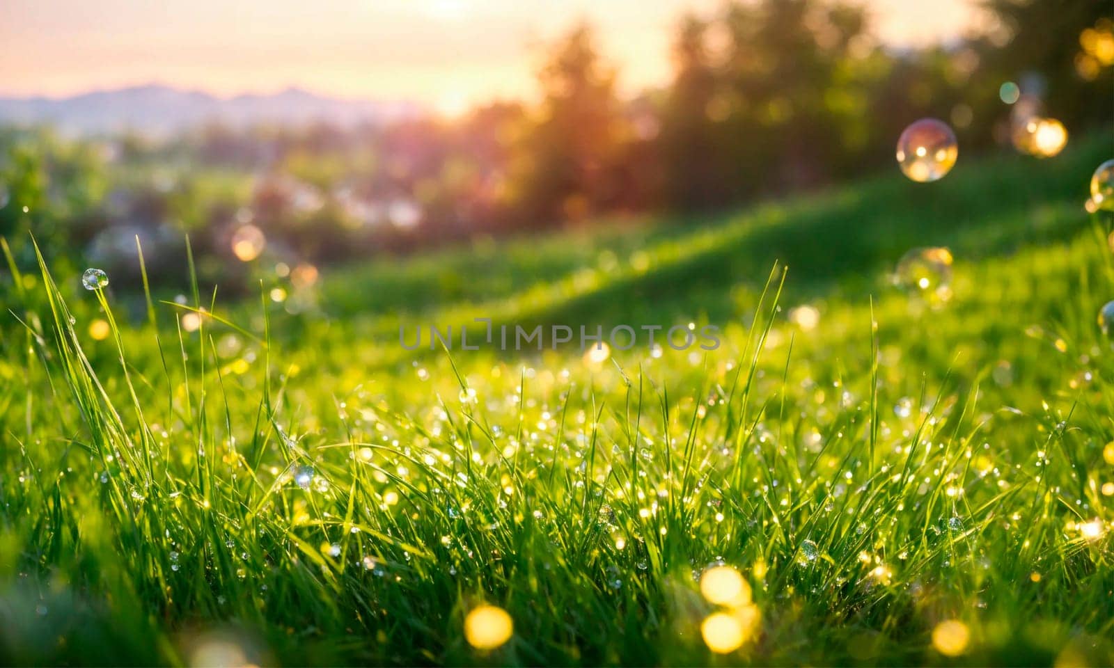 dew on the grass rays of the sun. Selective focus. by yanadjana