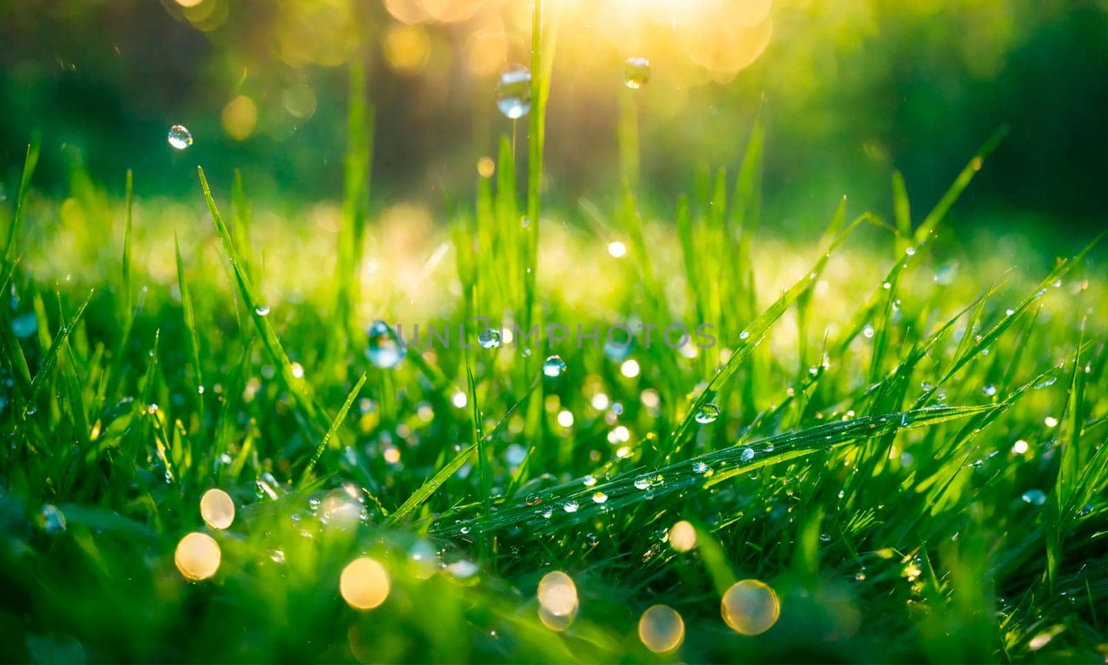 dew on the grass rays of the sun. Selective focus. nature.