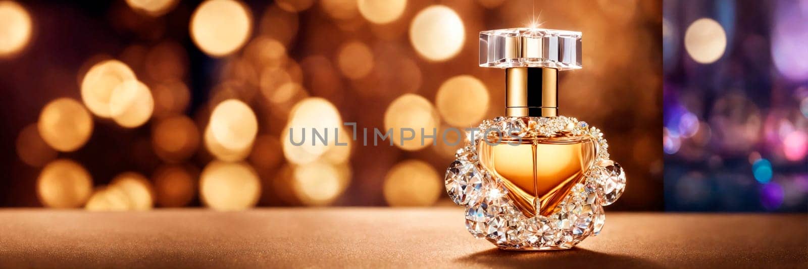 bottle of perfume on a shiny background. Selective focus. by yanadjana