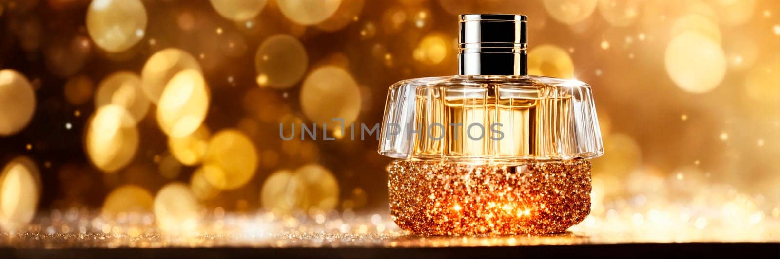 bottle of perfume on a shiny background. Selective focus. by yanadjana