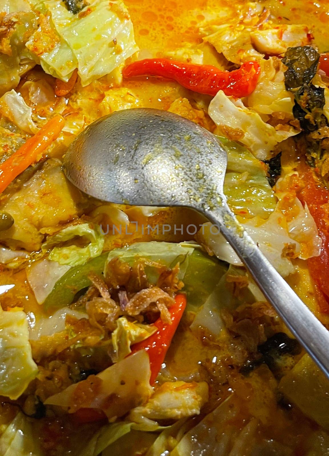 Selective focus Indonesian traditional dish mangut fish, made from smoked fish, cooked with coconut milk sauce mixed with spices, tomato, turmeric, and chillies with various seasonings