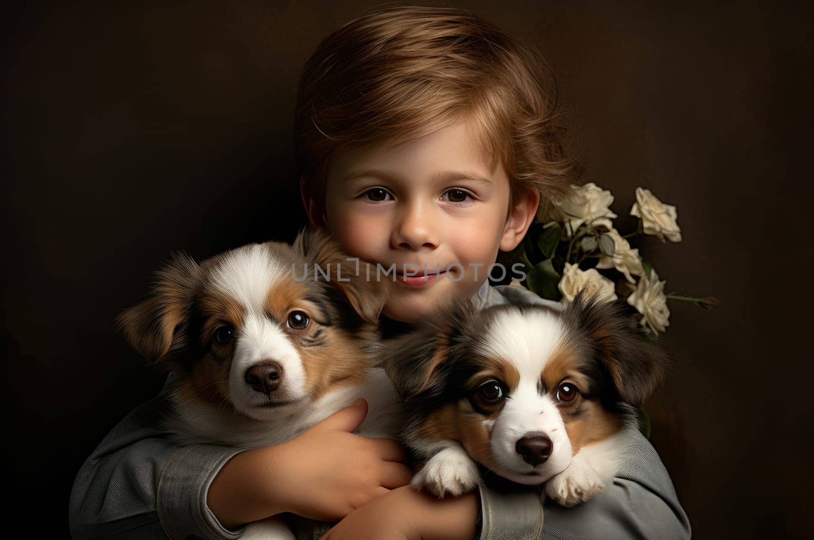 Innocent Little boy cute puppy. Generate Ai by ylivdesign