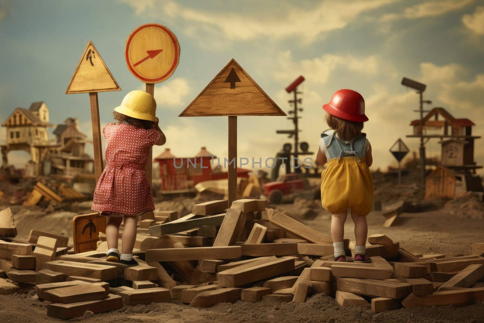 Little children playing with set of wooden road. Education skills sensory learn play. Generate Ai