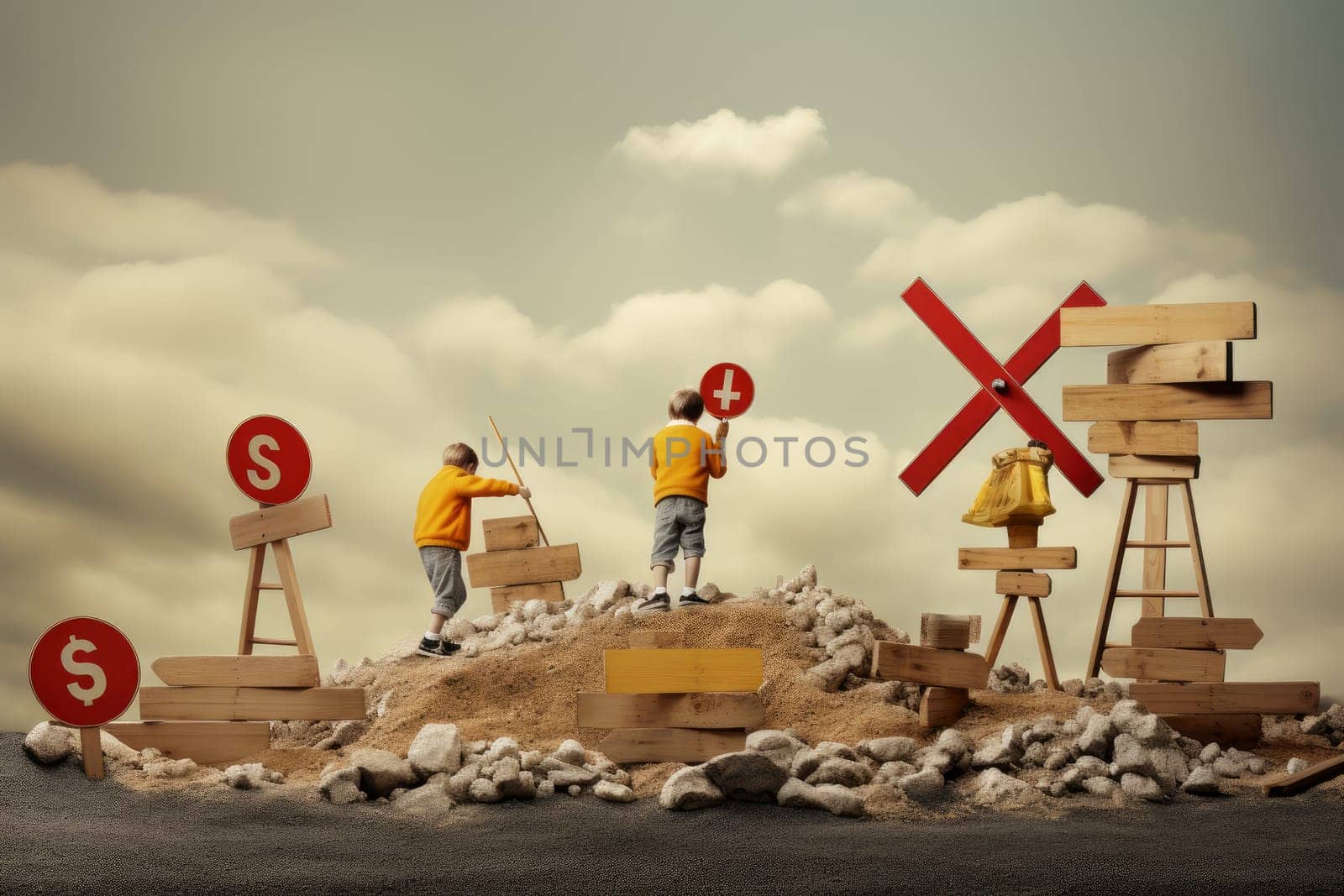 Joyful Little children playing with set of wooden road. Education skills sensory learn play. Generate Ai