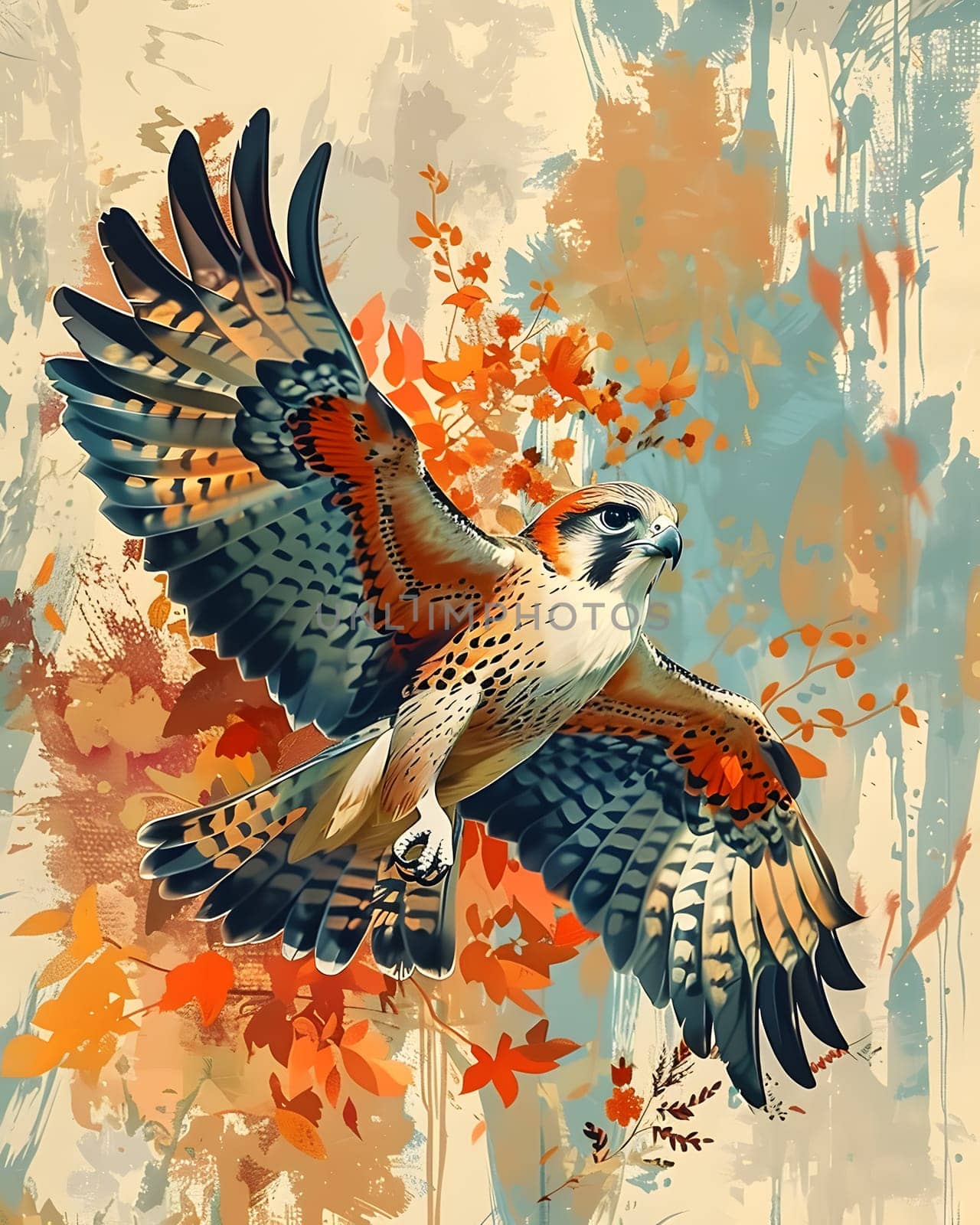 A beautiful painting of a Ringnecked pheasant soaring in the sky, showcasing the birds majestic wings and vibrant colors