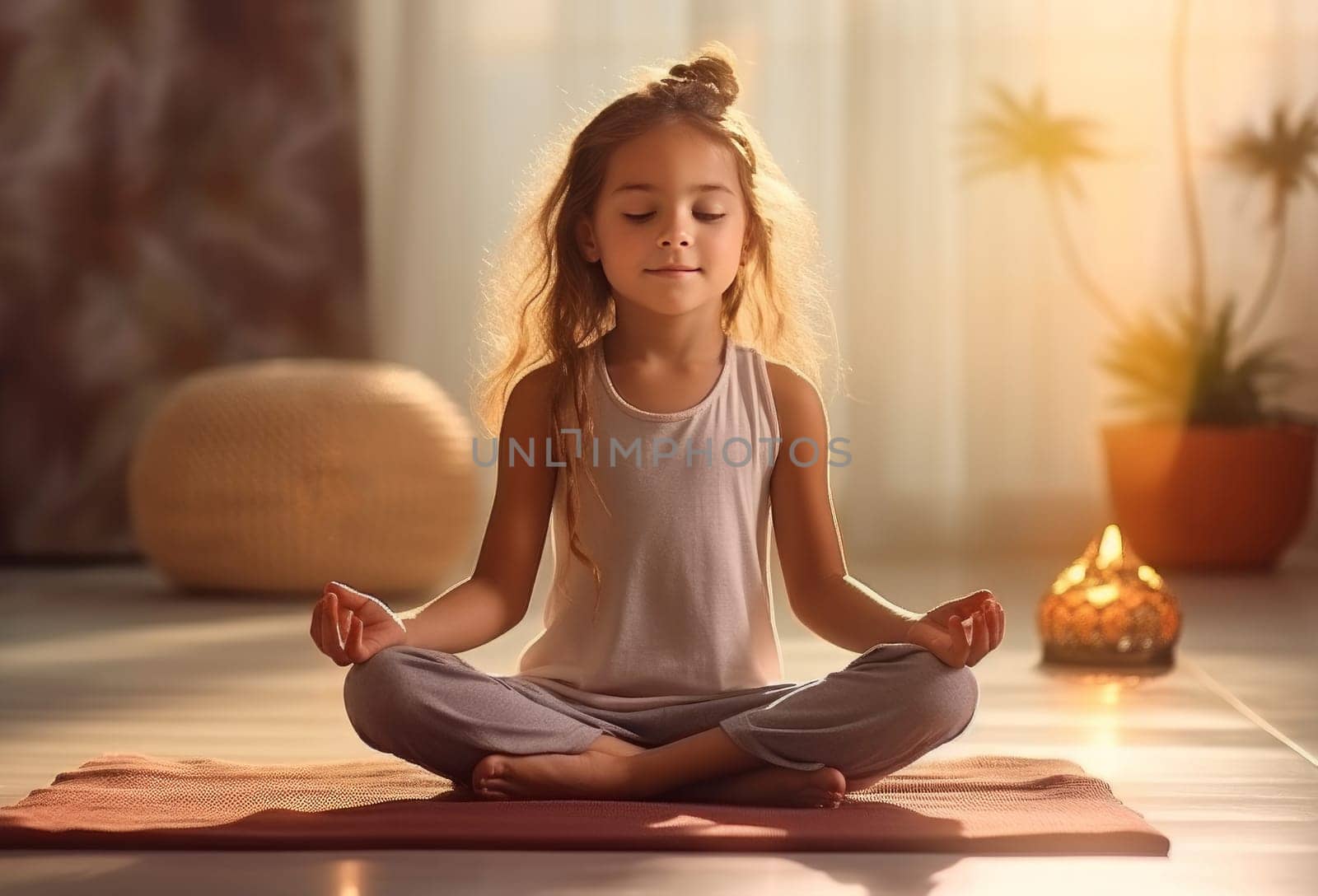 Focused Little girl yoga pose on floor mat. Small acrobatics. Generate Ai