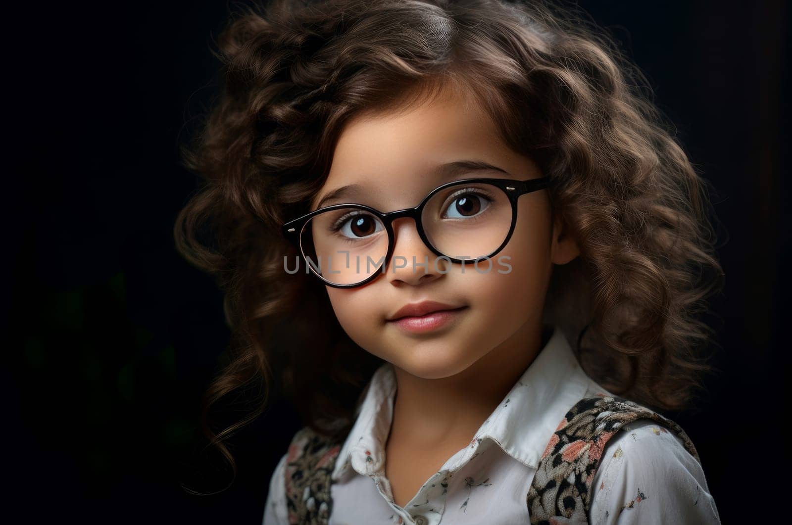 Little girl glasses. Smart child. Fictional person. Generate Ai