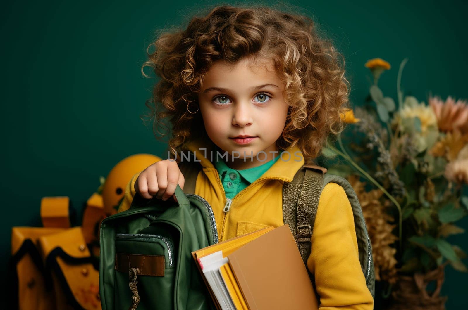 Petite Little girl with backpack holding book. School day. Generate Ai