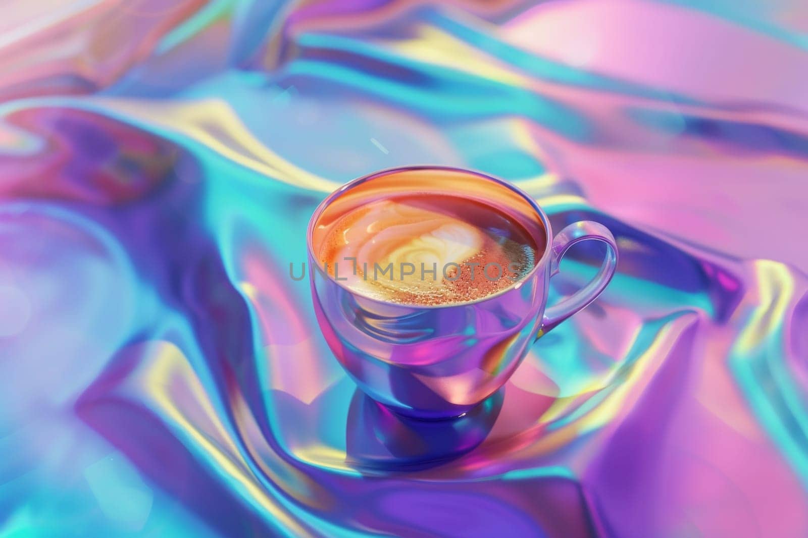 A clear glass coffee cup on a vibrant, multicolored abstract background. exhibiting a playful mix of light and color. Generative AI by itchaznong