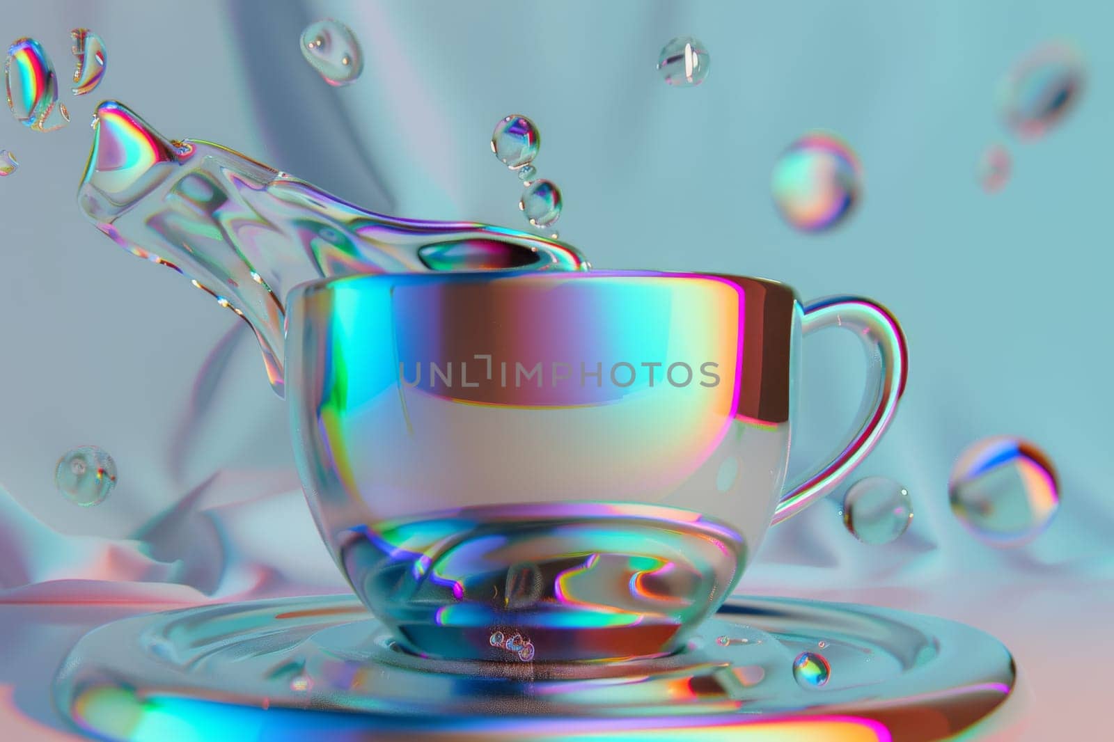 A clear glass coffee cup on a vibrant, multicolored abstract background. exhibiting a playful mix of light and color. Generative AI.