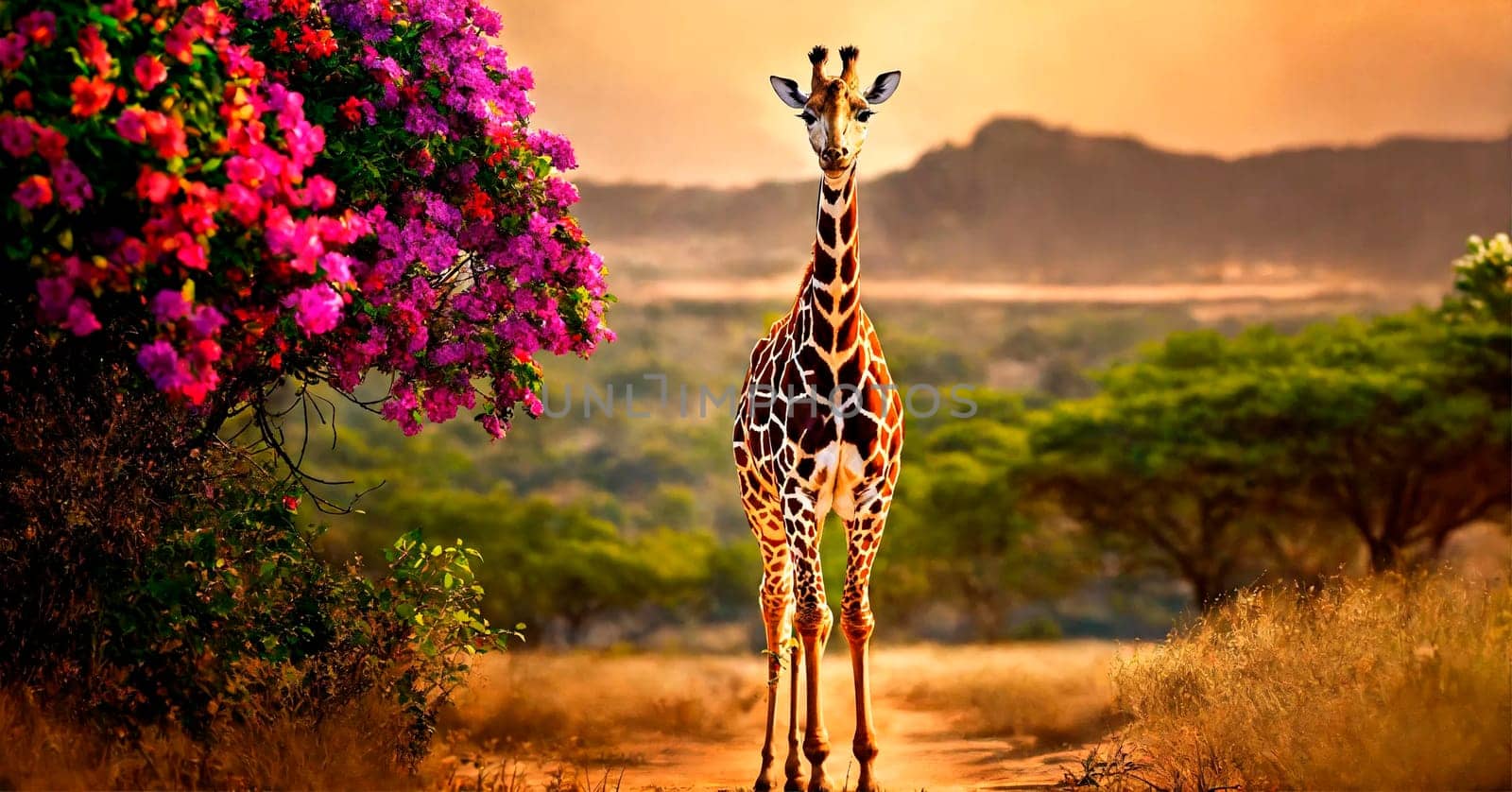 portrait of a giraffe with flowers. Selective focus. animal.